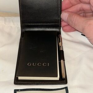 Gucci Brown Monogramed Suede  Leather Notepad Holder with Pen.  Rare collectors